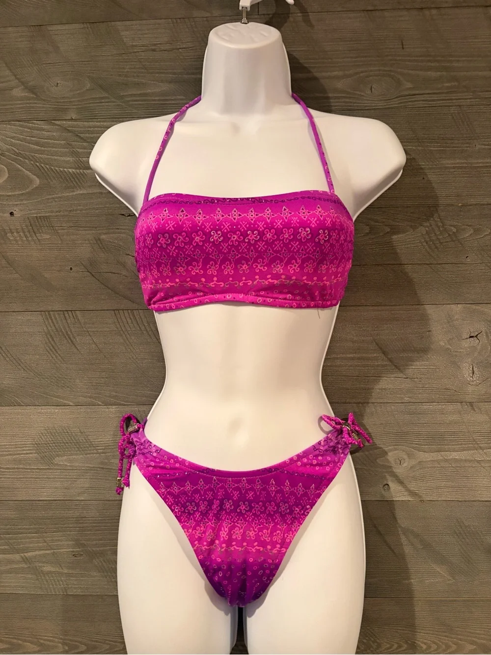 Women's Fuchsia Two-Piece Bandeau Bikini with Tie-Side Bottoms
